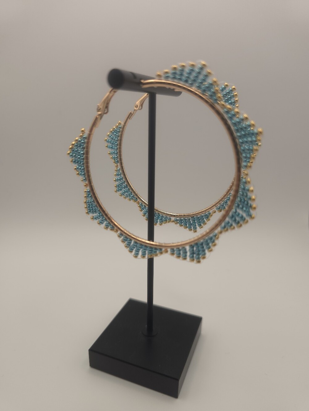 Hand Crafted Gold-Tone Hoop Earrings with Turquoise Bead Fringe